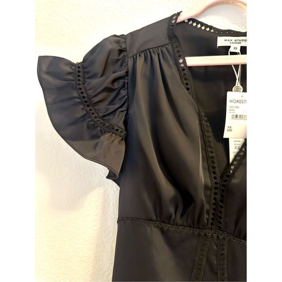 NWT Max Studio Flutter Sleeve Satin Midi Dress in Black.  Size XS - Picture 5 of 14
